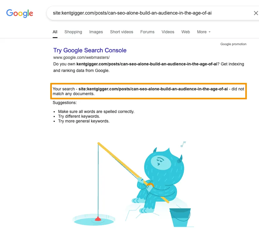 Google Search showing the page not indexed