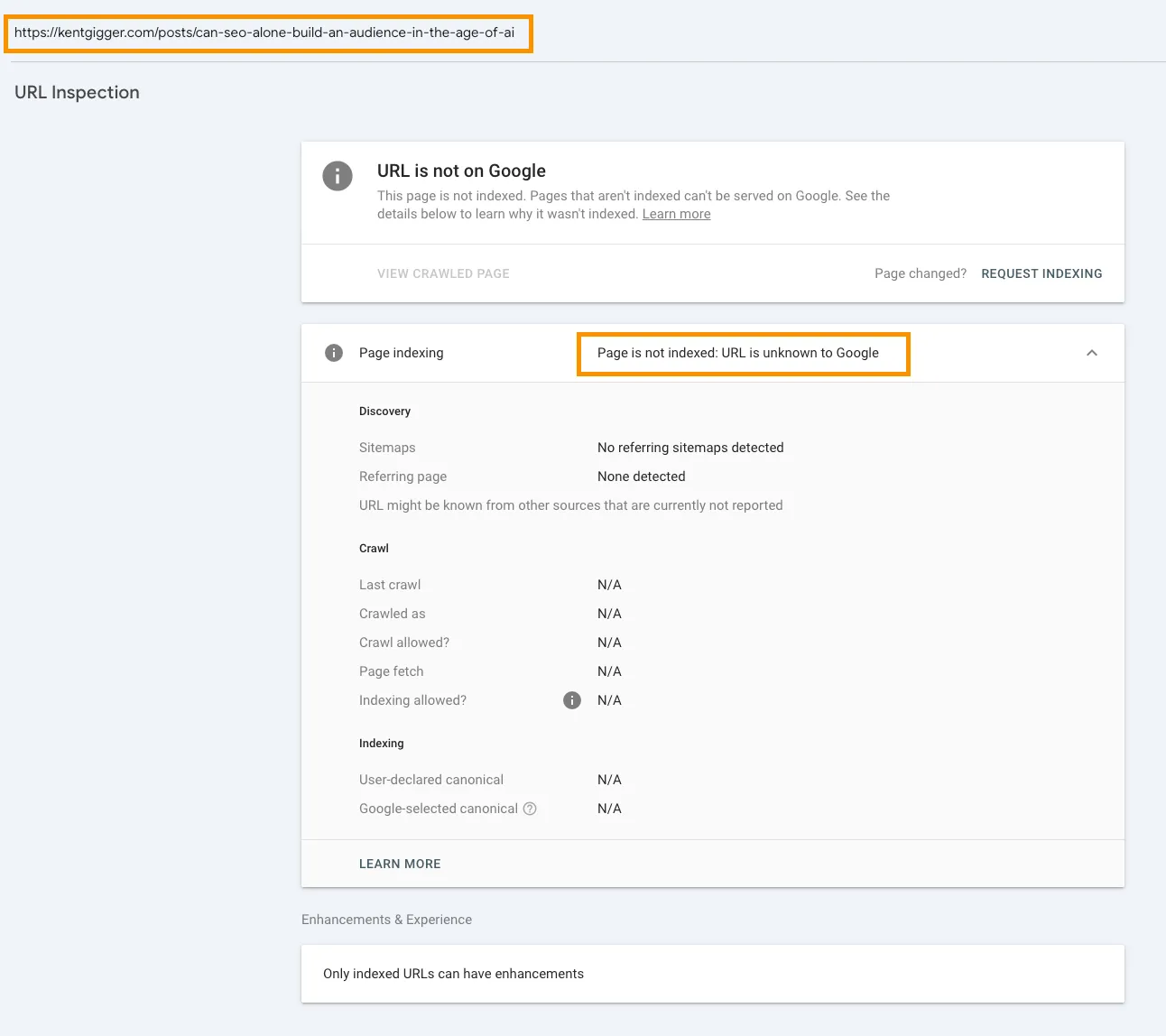 Google Search Console not indexing a page
